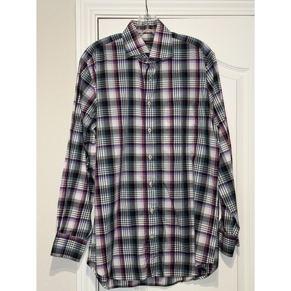 Peter Millar 100% Cotton White Purple Turquoise Striped LS  Button Down Men's M